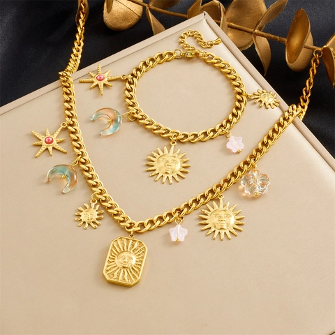 Celestial Jewelry Necklace And Bracelet Stainless Steel Gold Plated Sun Face Moon Star Flower Acrylic Pendant Women