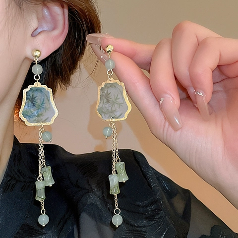 New Chinese Style Bamboo Leaf Long Tassel Earrings Resin Ink Painting Alloy With Silver Earring Post Vintage For Women