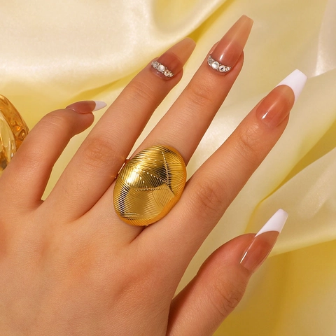 Edelstahl Oval Strukturierter Ring Vergoldet Verstellbar Offen Geometrisch Minimalistisch Fingerschmuck Damen