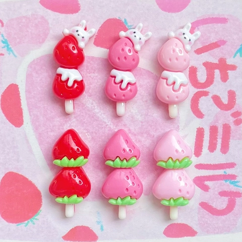 Cute Strawberry Tanghulu Rabbit Resin Charms Mini Flatback For DIY Hair Clips Phone Case Decoration Jewelry Making Supplies