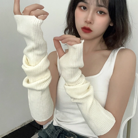 Knitted Arm Warmers Ribbed Thumb Hole Slouchy Long Sleeves For Women Y2K Style Winter Warm
