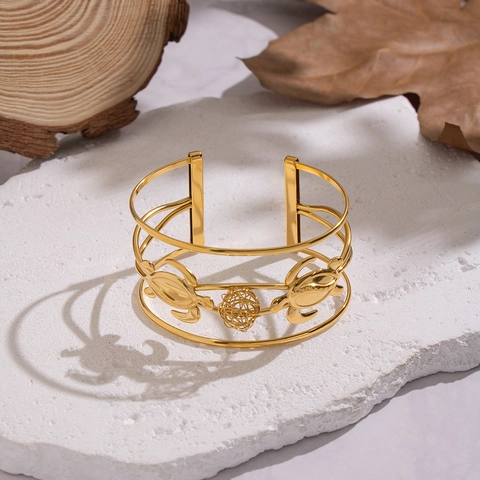 Meeresschildkröte Offener Armreif 18K Vergoldet Edelstahl Hohl Gitterkugel Ausschnitt Breites Armband Damen
