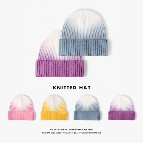 Gebreide Beanie Muts Ombre Gradiënt Geribbelde Cuff Winter Warm Core-Spun Garen Zacht Rekbaar Outdoor Voor Dames Heren