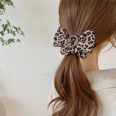 Elastico Per Capelli Con Fiocco Leopardato Fibbia Rotonda Strass Vintage Elegante Raso Elastico Accessorio
