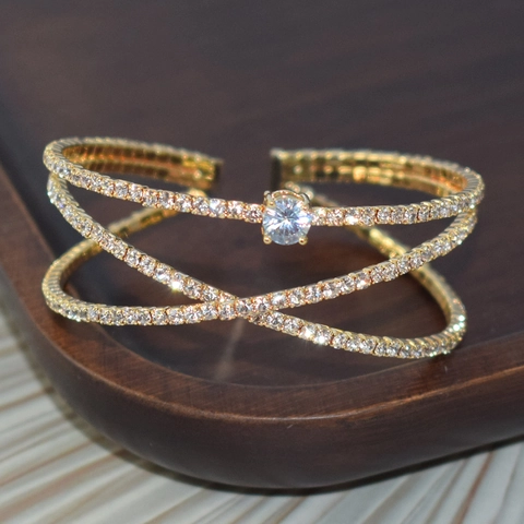 Luxury Rhinestone Zircon Cross Open Bangle Bracelet For Women Wedding Party Elegant Iron Alloy Jewelry