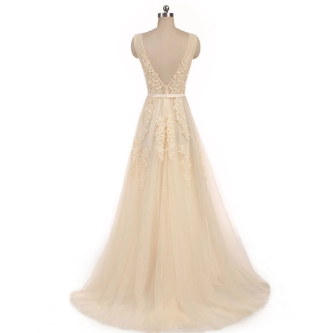 Robe De Soirée Élégante En Dentelle Et Tulle Col En V Sans Manches Coupe Trapèze Pour Mariage Femmes