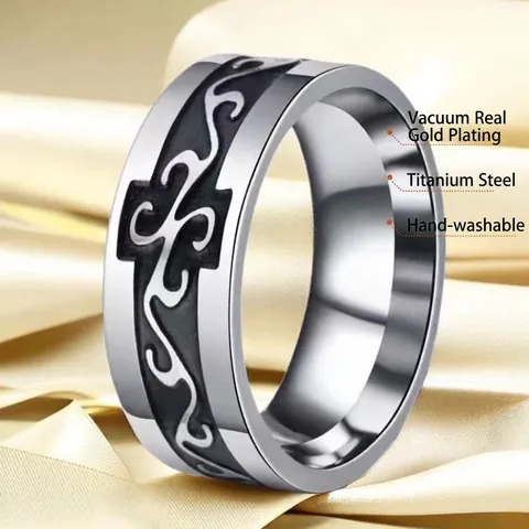 Men Stainless Steel Cross Pattern Ring Gothic Scroll Engraved Band Hip Hop Fashion Jewelry For Unisex Vintage Silver Black Ring