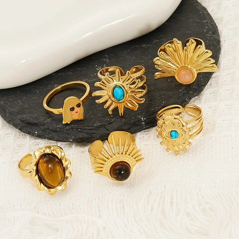 Anillo De Acero Inoxidable Chapado En Oro De 18K Estilo Bohemio Retro Para Mujer Con Piedra Ojo De Gato Turquesa Joyería