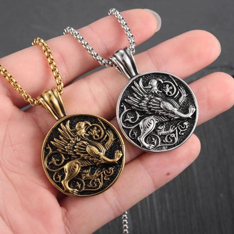 Collana Pendente Grifone Acciaio Inossidabile Moneta Tonda Rilievo Totem Mitologico Gioielli Retro Per Uomo Catena Box