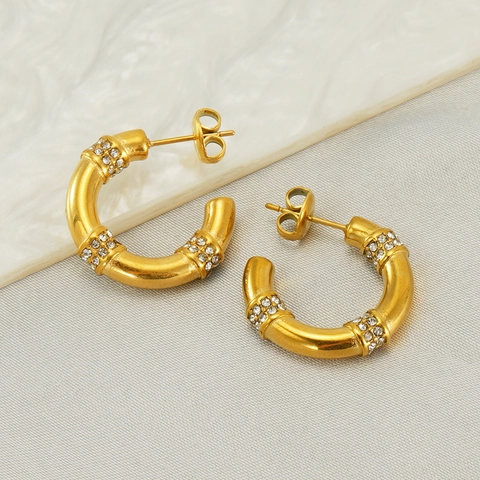 Roestvrijstalen Oorbellen 18K Verguld C-Vorm Hoops Strass Geometrisch Minimalistisch Mode Voor Vrouwen Cadeau