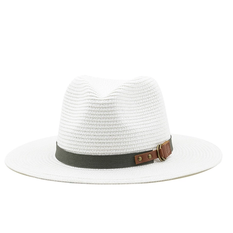 Wide Brim Straw Fedora Hat Men Women Summer Beach Sun Hat With Decorative Belt And Leather Buckle Retro Style