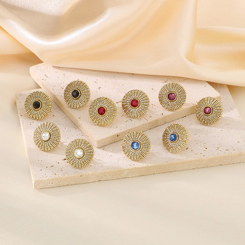 Round Sun Flower Stud Earrings Stainless Steel Vintage Ethnic Rhinestone Colorful Crystal Jewelry For Women