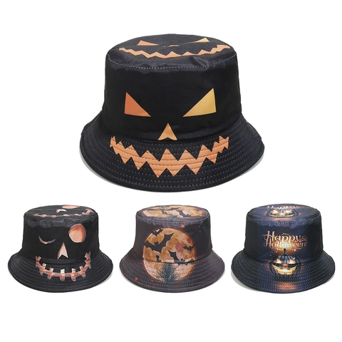 Bucket Hat Polyester Halloween Pumpkin Skull Bat Print Sun Protection Party Headwear For Adult