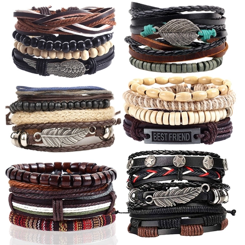 Pulsera Trenzada Multicapa Cuero De Vaca PU Aleación Pluma Ala Dije Cordón Ajustable Vintage Bohemio Joyería Unisex