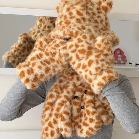 Winter Plüsch Mütze Schal Handschuhe Giraffenmuster Kunstkaninchenfell Warm Winddicht Niedlich Ohren Damen Accessoire