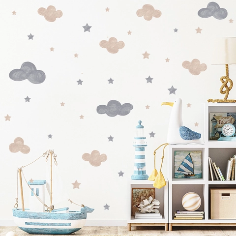 Pegatinas De Pared De Nubes Y Estrellas En Acuarela PVC Removibles Autoadhesivas Decoración Infantil Para Dormitorio