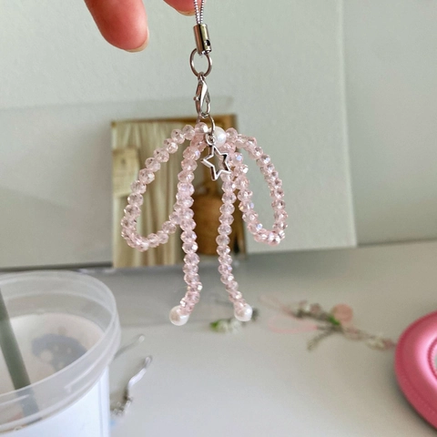 Handmade Beaded Phone Charm Glass Crystal Bowknot Star Pendant Artificial Pearl Sweet Kawaii Style Phone Strap Lanyard Bag Hanging Decor