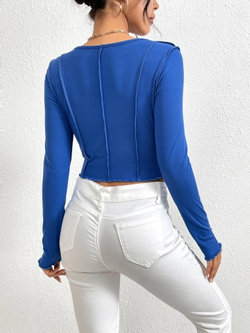 Women Slim Fit Ribbed Knit Top Long Sleeve V Neck Exposed Seam Irregular Hem Solid Color Casual Basic T-Shirt