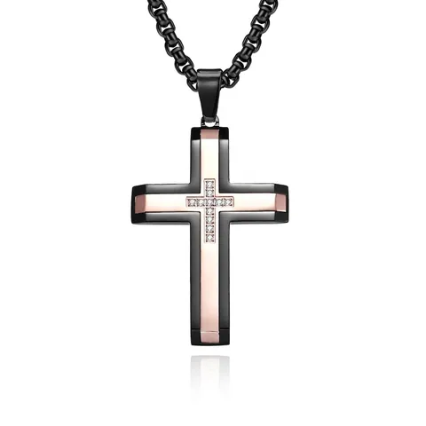Collar Colgante Cruz Hombre Acero Inoxidable Bicolor Incrustado Circonita Cúbica Retro Hip Hop Joyería Religiosa