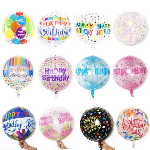 Aluminum Foil Spherical Happy Birthday Balloons Transparent Round Printed Decorative Reusable Birthday Party Celebration