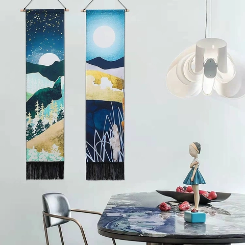 Landschaft Tapisserie Wandbehang Baumwolle Leinen Mit Quasten Und Holzstange Nordisch Abstrakte Wald Berge Heimdeko