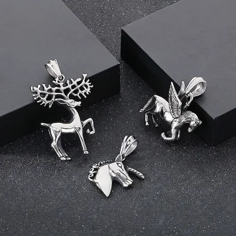 Mythical Animal Pendant Necklace Stainless Steel Unicorn Pegasus Reindeer Punk Retro Jewelry Men Women