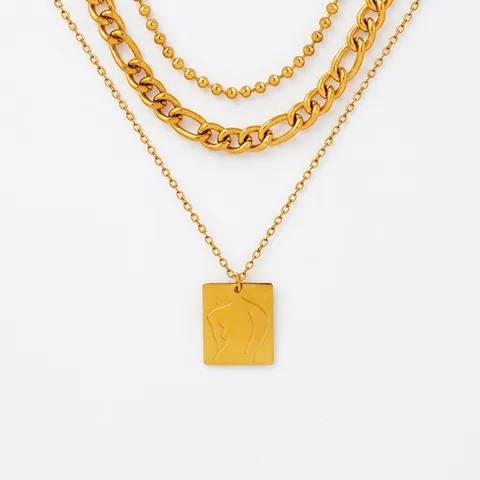 Collier Multirang Acier Inoxydable Pendentif Carré Art Abstrait Ligne De Corps Féminin Bijoux Minimalistes Pour Femmes
