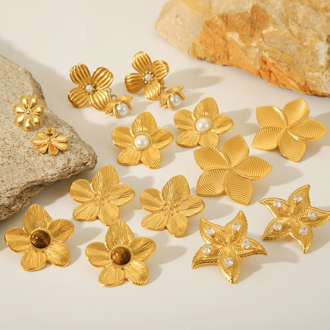 Orecchini A Lobo Fiore Stella Marina Texture Placcato Oro 18K Acciaio Inossidabile Perla Artificial Zircone Pietra Occhio Di Tigre