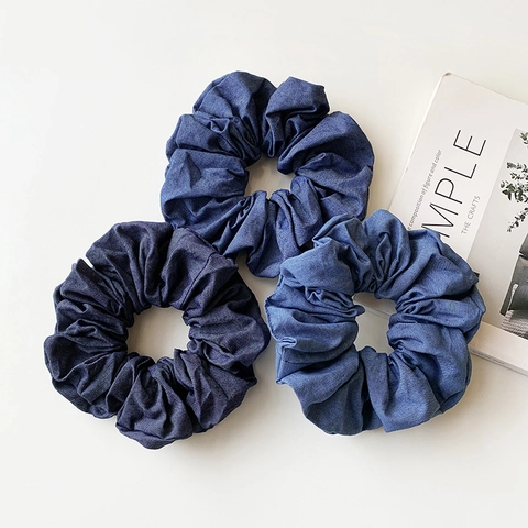 Large Denim Fabric Scrunchies Floral Embroidery Hair Ties Solid Blue High Elastic Ponytail Holder For Women Girls