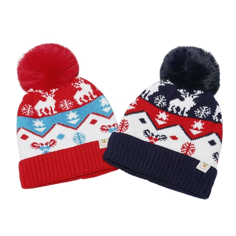 Berretto In Maglia Di Natale Per Bambini Renna Fiocco Di Neve Jacquard Pompon Inverno Caldo In Acrilico