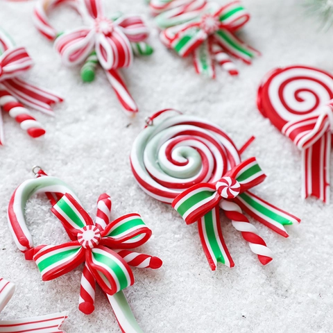 Christmas Tree Hanging Ornaments Plastic Candy Cane And Lollipop Decor Red White Green Spiral Design With Ribbon Bow