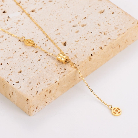 Edelstahl Gold Vergoldete Halskette Für Damen Zylindrischer Anhänger Alte Münze Quaste Design Modische Schlüsselbein Kette Eleganter Schmuck