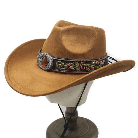 Cappello Da Cowboy Western Scamosciato Feltro Fascia Ricamo Etnico Fibbia Pietra Ambra Retro Corda Antivento