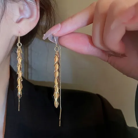 Lange Quasten Ohrringe Blatt Ähren Design Vergoldetes Kupfer Für Frauen Modische Elegante Durchzieher