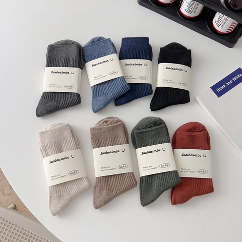 Men Mid Calf Socks Solid Color Cotton Ribbed Breathable Casual Business Lightweight Comfortable Long Dress Socks