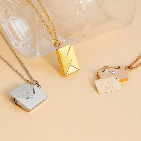 Stainless Steel Envelope Locket Necklace Romantic Love Letter Pendant With Rhinestone Openable Fashion Jewelry Gift For Women