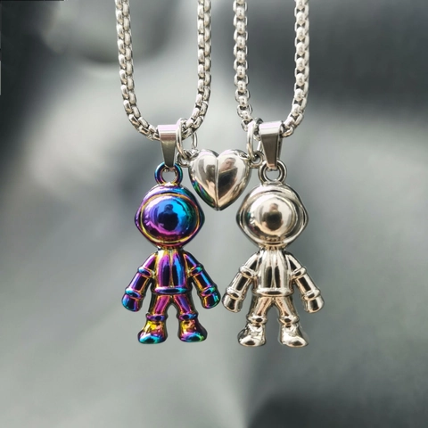 Astronaut Pendant Necklaces Alloy Magnetic Heart Rainbow Silver Colorful Box Chain Retro Hip Hop Style For Couples