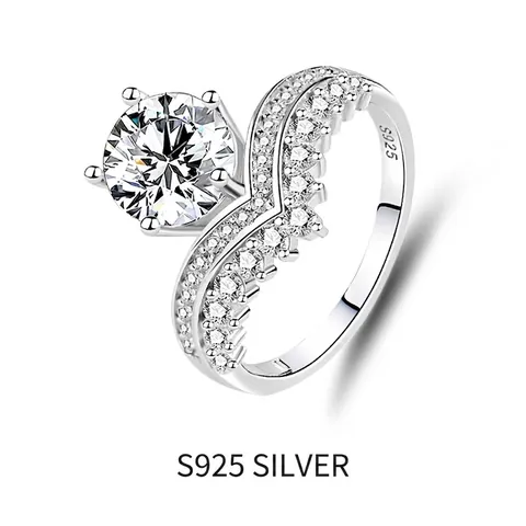 Anillo Moissanita Plata De Ley 925 Corona Princesa Boda Compromiso Joyería Nupcial Para Mujeres Corte Redondo Forma V