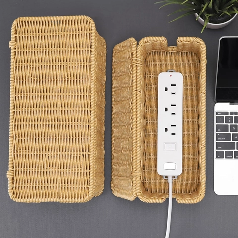 Scatola Per Gestione Cavi Imitazione Rattan Intrecciato Organizzatore Cavi Aperture Laterali Con Coperchio Scrivania Copri Multipresa