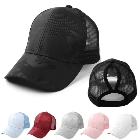Berretto da Baseball con Coda di Cavallo in Rete Traspirante Mimetico Cappello Protezione Solare per Uomo Donna Regolabile Sport all'Aperto