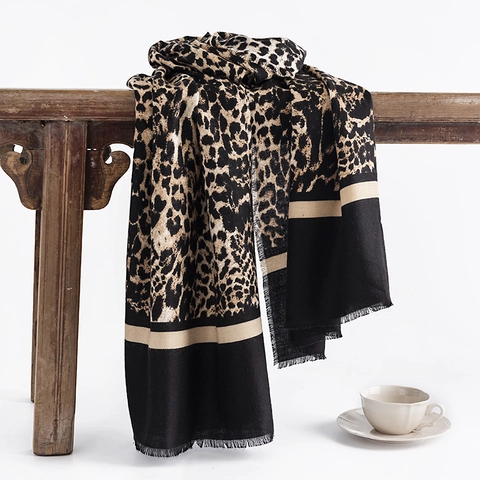 Leopard Print Winter Scarf Shawl Polyester Cashmere Feel Warm Large Neck Warmer Tassel Edge Fashion Commuter For Women