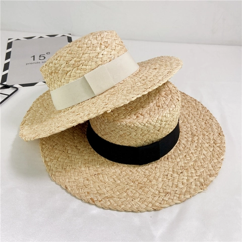 Women Wide Brim Raffia Straw Boater Hat Foldable Sun Protection Beach Vacation Ribbon Bow Flat Top