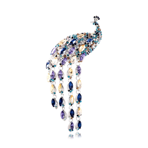 Vintage Alloy Rhinestone Peacock Brooch With Long Crystal Tassel Animal Shaped Sparkling Jewelry For Women Sweater Decoration