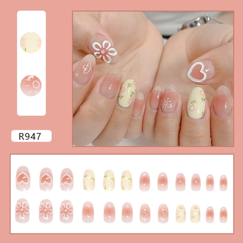 Sweet Pink Gradient Press On Nails Flower Heart Sun Pattern Detachable ABS Plastic Oval Square Round Elegant For Women