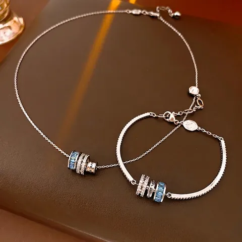 Collana Bracciale Moda Gioielli Rame Zircone Pendente Cilindrico Pietra Blu Bianco Accessorio Elegante Per Donne