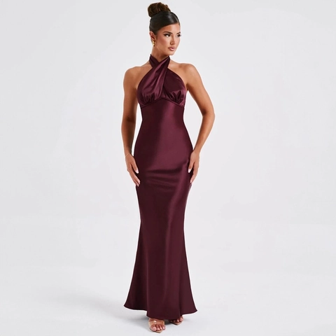 Halter Maxi Jurk Satijn Rugloos Avondjurk Slim Fit Visstaart Strik Elegant Dames Formele Feest Zomer Galajurk