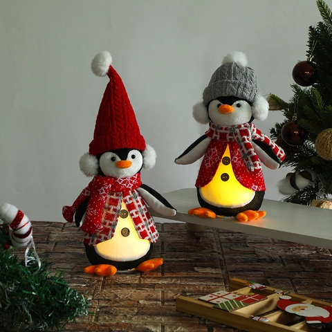 Pinguino Di Natale Peluche Ornamenti Luminoso LED Gambe Telescopiche Barattolo Caramelle Vacanze Inverno Arredo Maglia