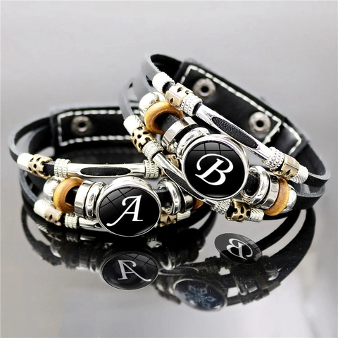 Bracciale In Pelle Intrecciata Multistrato Con Iniziale Alfabeto Perline In Legno Lega Cabochon In Vetro Punk Vintage
