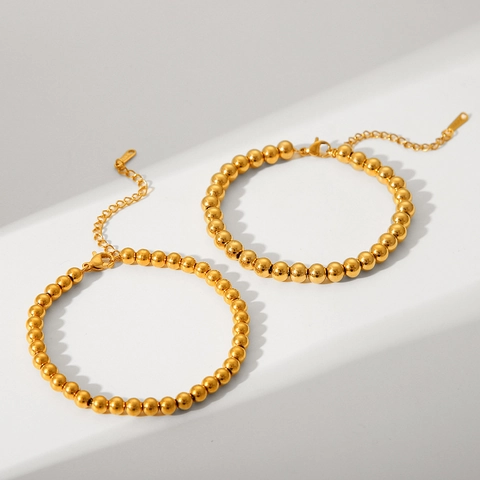 Pulsera De Cadena De Bolas De Acero Inoxidable Chapado En Oro De 18K Minimalista Cuentas Redondas Ajustable Para Mujer