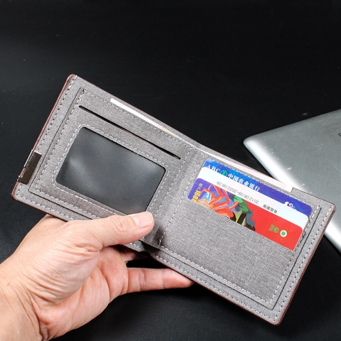 Portafoglio Uomo Bifold Sottile Tessuto Denim Texture Tela Orizzontale Porta Carte Credito Con Finestra ID Moda Casual